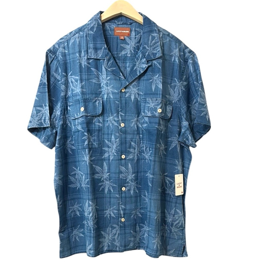 Lucky Brand Patchwork Leaf Camp Collar Short Sleeve Button Down Shirt Size XL